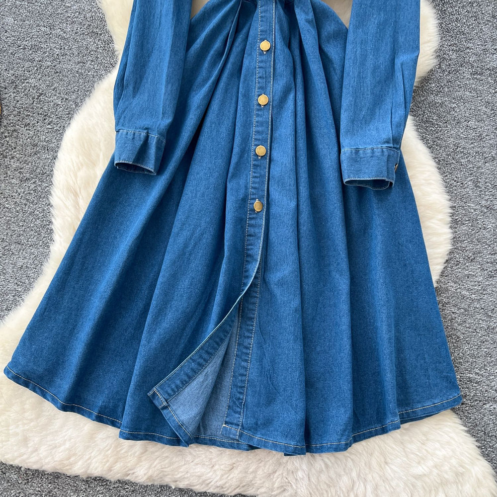 Classysense niche styleretro lapel long sleeves denim dress women's autum strap waist single breasted pleated long skirt