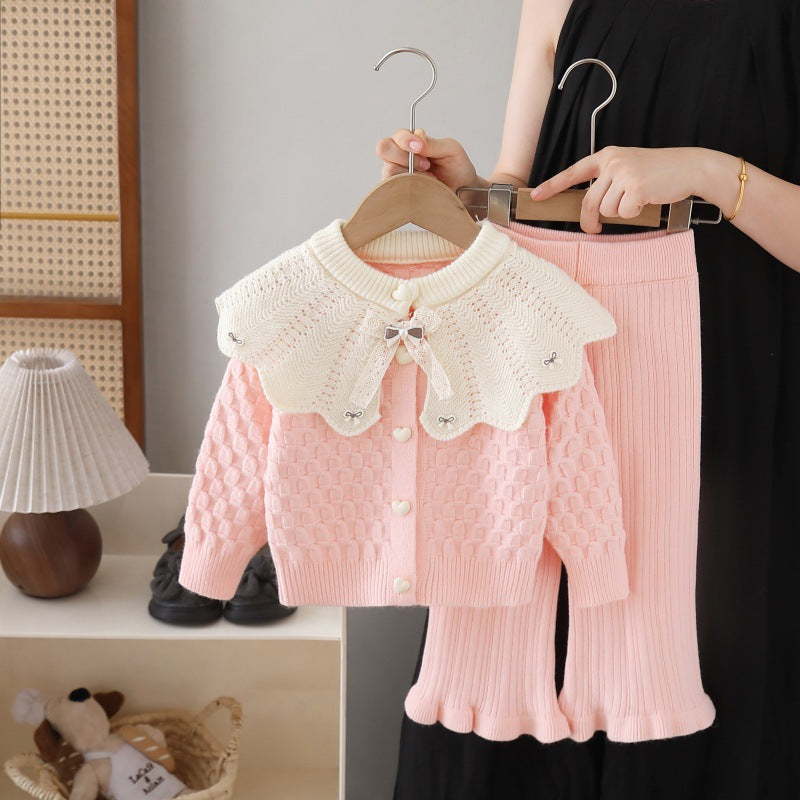 Kids' knit sweater cardigan with oversized collar -  autumn new arrival - two-piece set for little girls: cardigan and pants