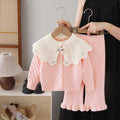 Kids' knit sweater cardigan with oversized collar -  autumn new arrival - two-piece set for little girls: cardigan and pants