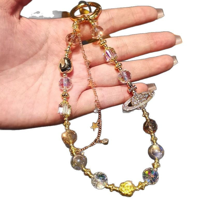 Classy mobile phone chain beaded crystal saturn sparkling new chinoiserie bag camera hanging chain short mobile phone case lanyard