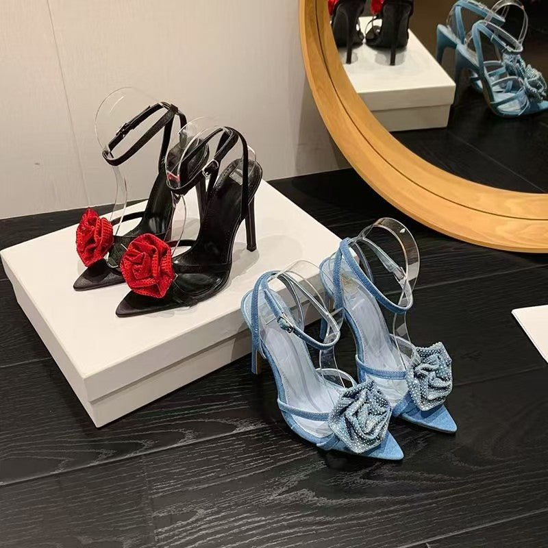 European and american new one-strap rhinestone rose flower high heel sandals, french sexy pointed toe stiletto heel women's shoes