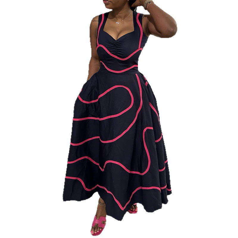 European and american cross-border women's fashion:  spring/summer new arrival - elegant v-neck, backless, color block, high-waisted, long slip dress