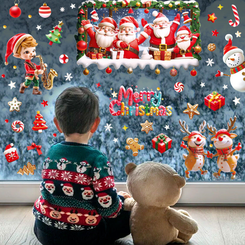 New  lively Santa Claus Elk snowflake gift box party holiday decoration glass static window grilles sticker