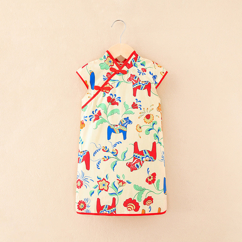 Tang suit ethnic cheongsam spring summer dress kidshan dynasty improved children's clothing small and medium-sized children's princess dress short-sleeved children's dress