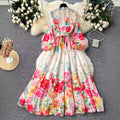 European and american style women's high-end vintage elegant stand collar single-breasted long sleeve cinched waist flared print vacation maxi dress