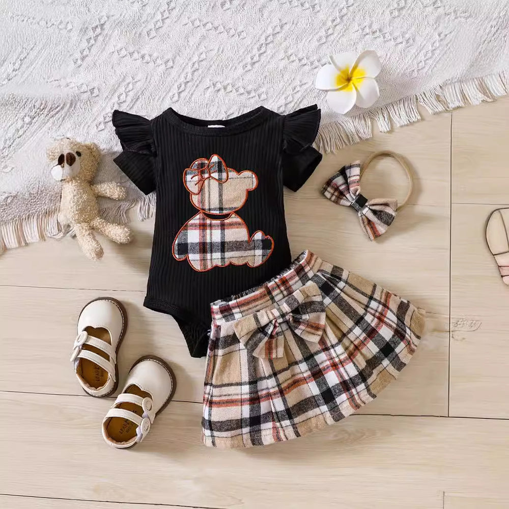 ins newborn infant baby girl summer style bear appliqué embroidered bodysuit triangle romper plaid butterfly