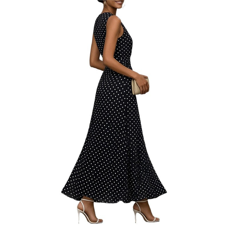 summer new arrival: european and american style polka dot sleeveless dress - french-inspired cinched waist, elegant maxi dress, slimming women's style