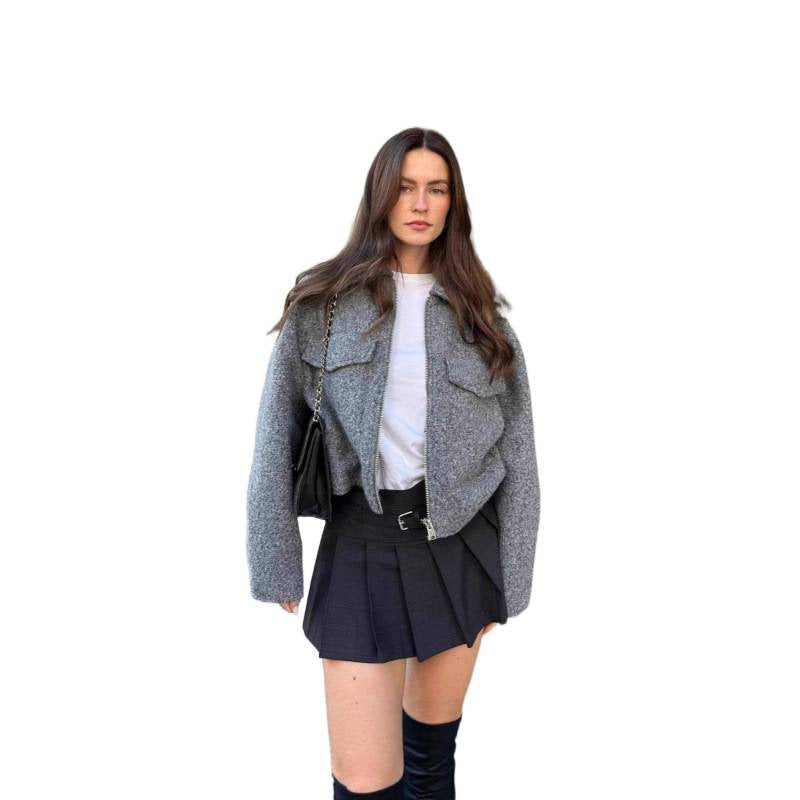 spring/autumn women's designer wool blend jacket: unique streetwear style, relaxed fit, cropped length