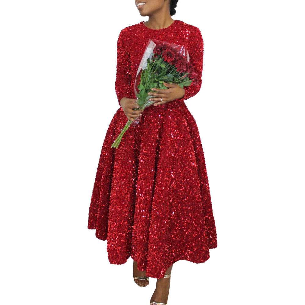 D469 cross-border new women's round neck long sleeve solid color sequin high waist elegant midi dress european and american style