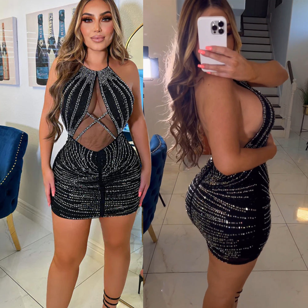 C6757 cross-border   fashion women's solid color mesh rhinestone backless mini dress