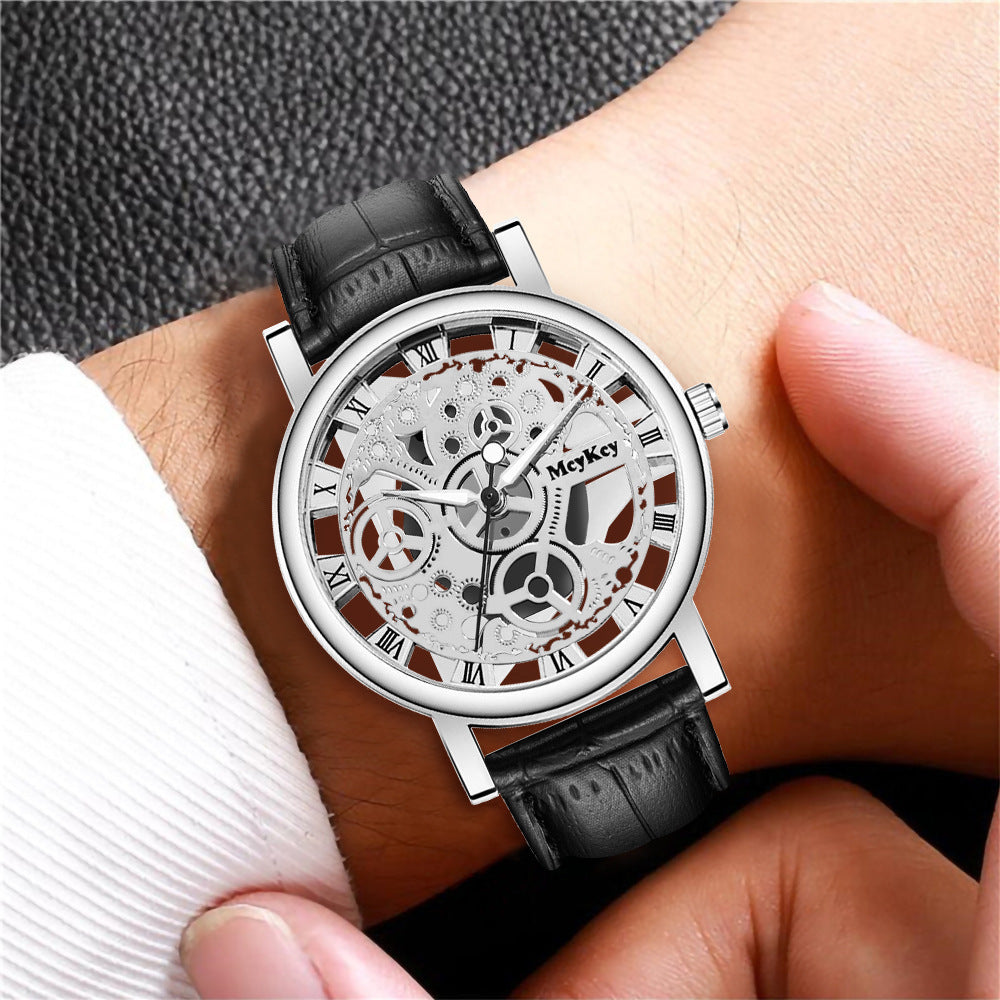 New men's watch - transparent case, skeleton design, simulated mechanical movement - men's leather strap quartz wristwatch - in stock, wholesale available