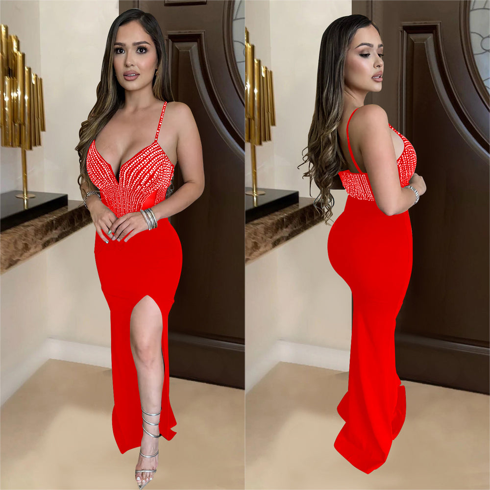 C7046 cross-border   fashion women's sleeveless v-neck maxi dress with rhinestone embellishments - new leg-exposed style