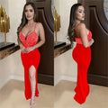 C7046 cross-border   fashion women's sleeveless v-neck maxi dress with rhinestone embellishments - new leg-exposed style