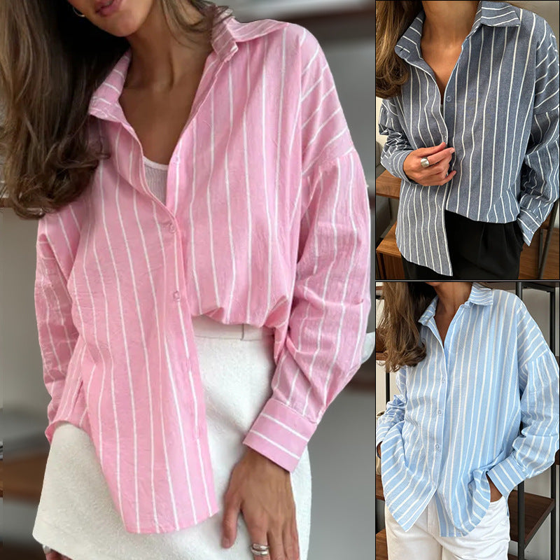 Europe, America,    2025 autumn and winter new long-sleeved cardigan jacket women's striped shirt women's clothing