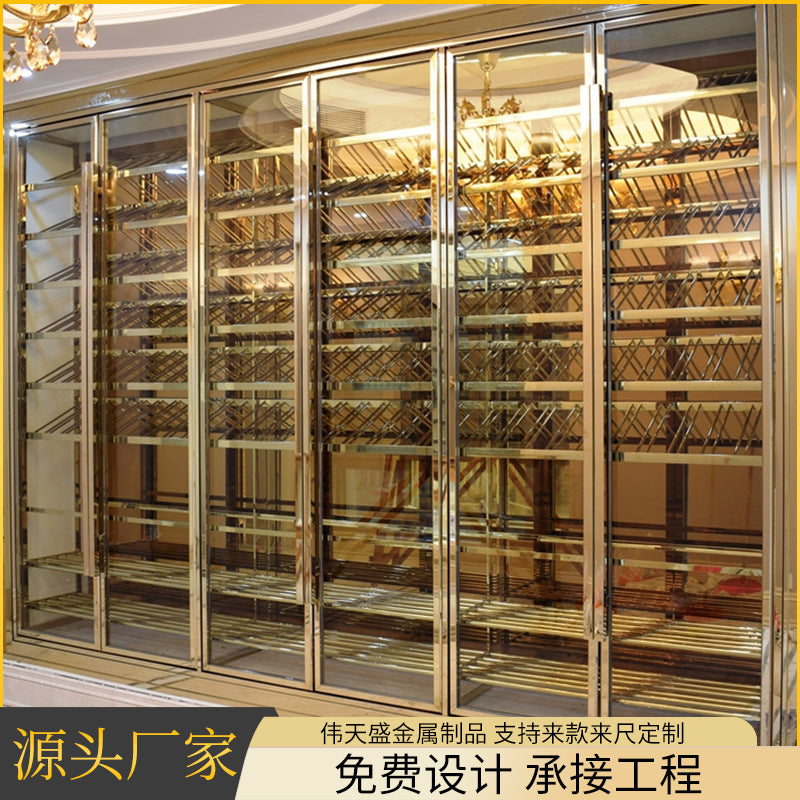 Stainless steel thermostatic wine cabinet display case, metal and glass double door, luxury wine storage for villas, living rooms, wine cellars, and wineries