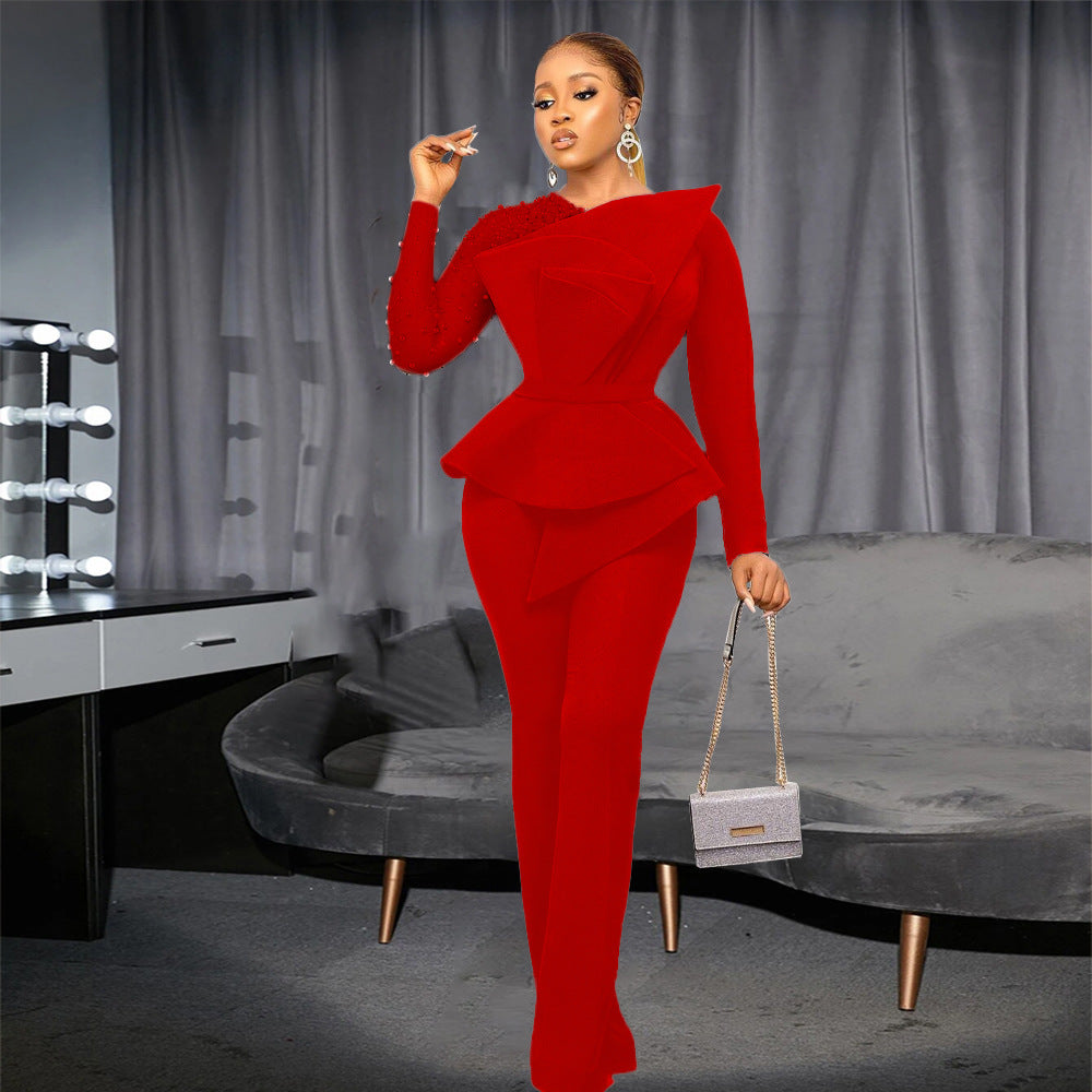 European and american style women's fashion jumpsuit: new arrivals, trendy mesh paneling, beaded detailing, cinched waist, slimming fit, plus size available, cross-border e-commerce