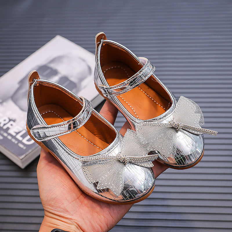 Girls'  spring bowknot soft-soled princess leather shoes for mid-to-large children - wholesale from manufacturer, velcro closure, korean style kids' shoes