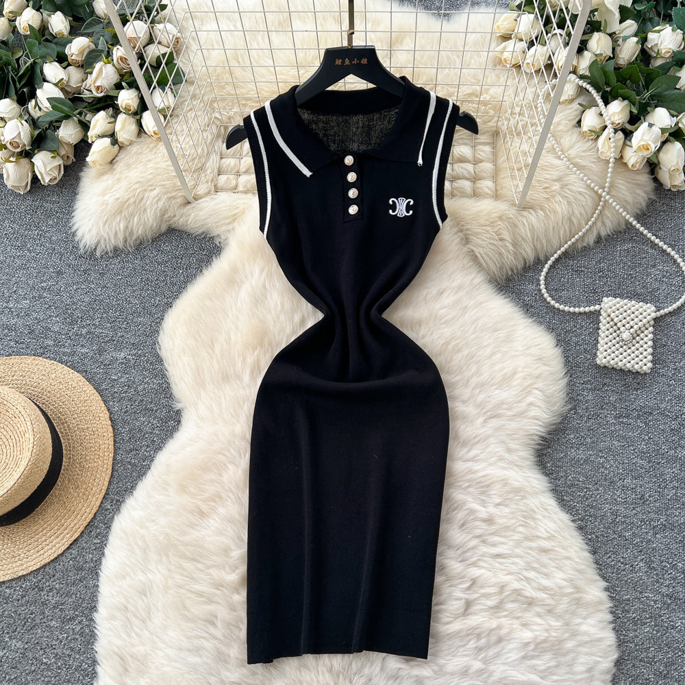 Frenchretro socialite tweed stylefashioncontrast colorembroiderpolo collar sleeveless waist slimming lookknittingdress women