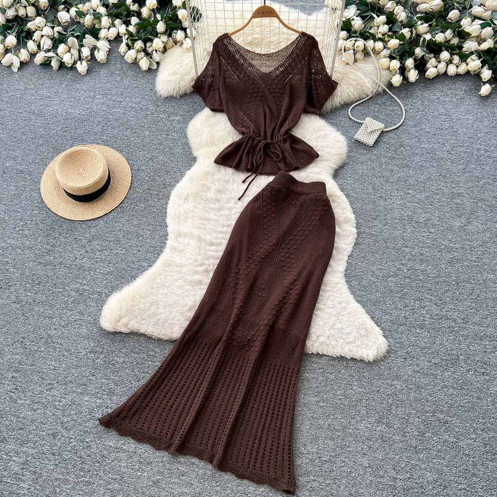 French chic hollow-out knit short sleeve two-piece set - women's summer slim fit, slimming, elegant, and professional style outfit