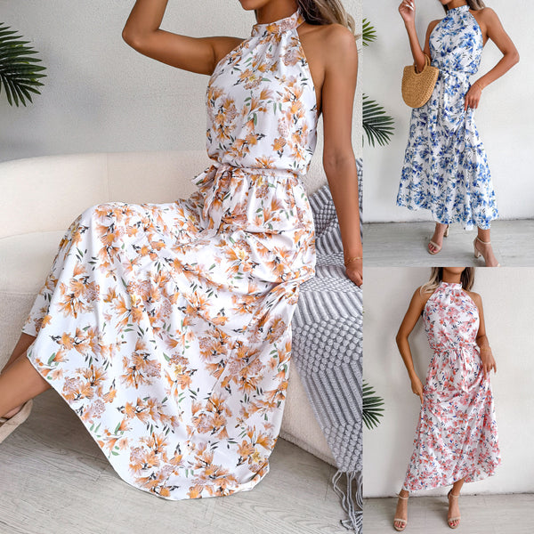 ins style European and American neck strap halter floral dress irregular holiday dress, independent station  women's clothing