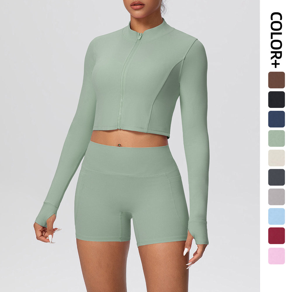 Cloud-feel outerwear short zip-up jacket with butt-lifting pocket shorts, a form-fitting activewear yoga set for women, perfect for running and fitness