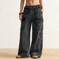 European and american style women's drawstring elastic waist raw hem wide leg cargo jeans - vintage washed multi-pocket denim pants
