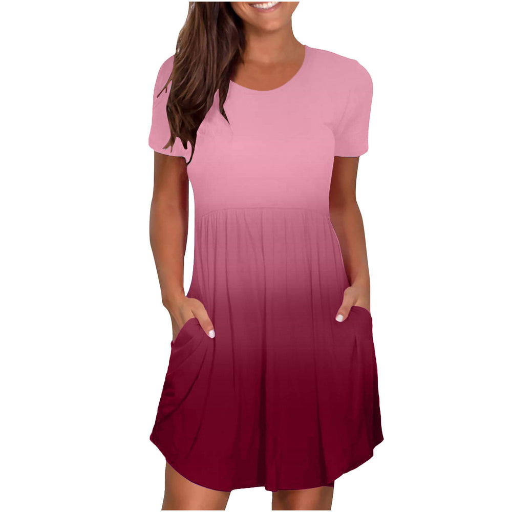 european and american  women's casual crew neck printed pullover short sleeve ruched pocket dress