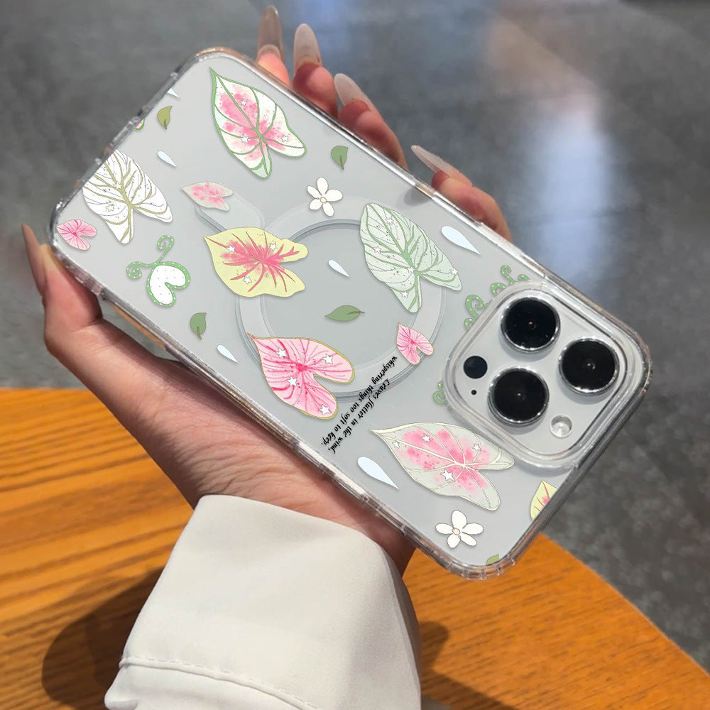 Ins fresh colorful leaf raindrops suitable for iphone17 apple 16pro magnetic anti-fall high transparency transparent mobile phone case 15