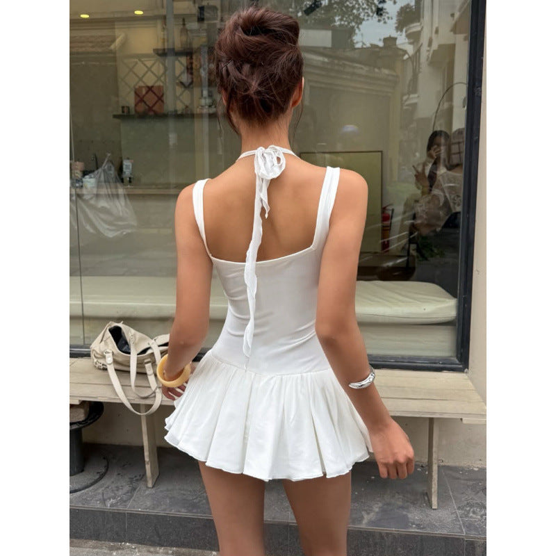 women's clothing  summer new fashionable minimalist elegant solid color spaghetti strap waist-cinching dress