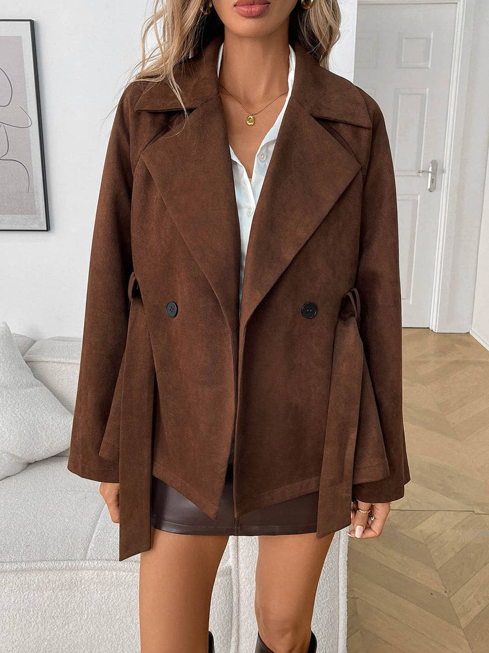Faux suede tie-front cropped jacket with oversized collar, long sleeves, belted waist, and casual chic style for women