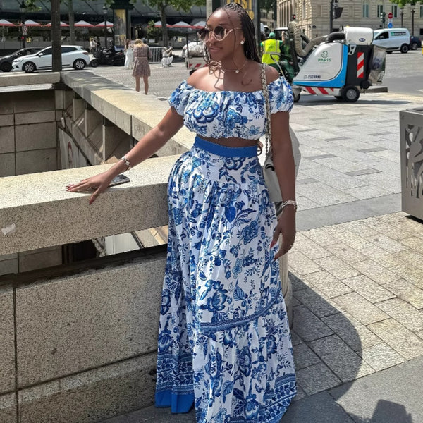 's new European and American sexy one-word shoulder short printed top African women's high-waisted skirt two-piece set