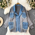Fashionfashionstylishknittingpatchwork denim outwear women's winterloose lazy stylethickenedsweatercardigantops