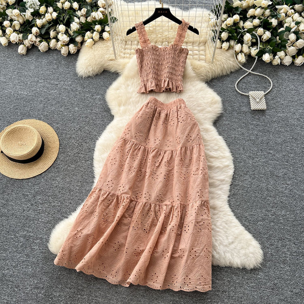 Super fairy vacation wear women's summer wear pure desire elastic silm camisole cut outembroiderhigh waist skirt suit