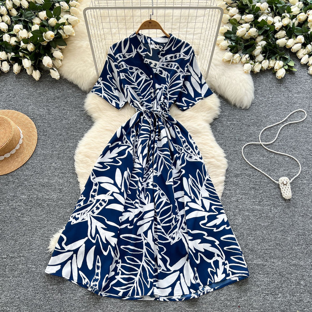 Frenchretrosense of design strappy waist short-sleeved printingdress women's summerslimming lookelegant large swing long skirt