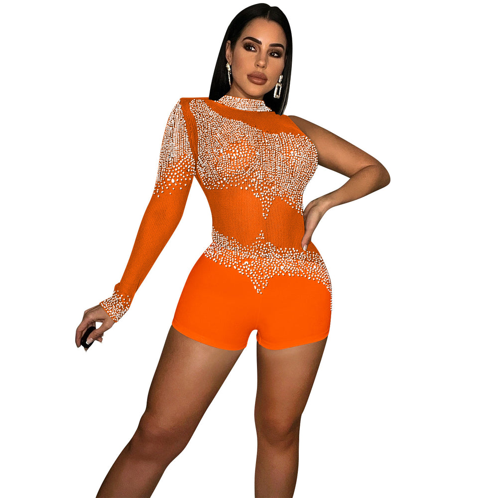 C5841 cross-border new arrival:  fashionable european and american sexy bodycon nightclub one-sleeve mesh see-through jumpsuit for women