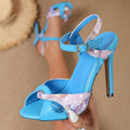 European and american style blue floral stiletto sandals - new one-strap buckle open-toe fashionable wedding & banquet elegant women's shoes