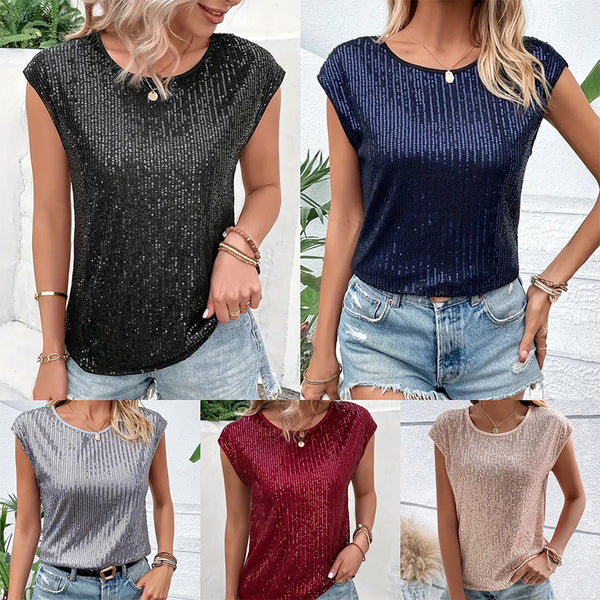 European and American  new European and American style loose casual fashion party round neck sleeveless top women's sequined T-shirt
