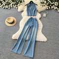 European and american hot girl style sleeveless slim-fit denim set - women's summer halter top and high-waisted slimming two-piece outfit