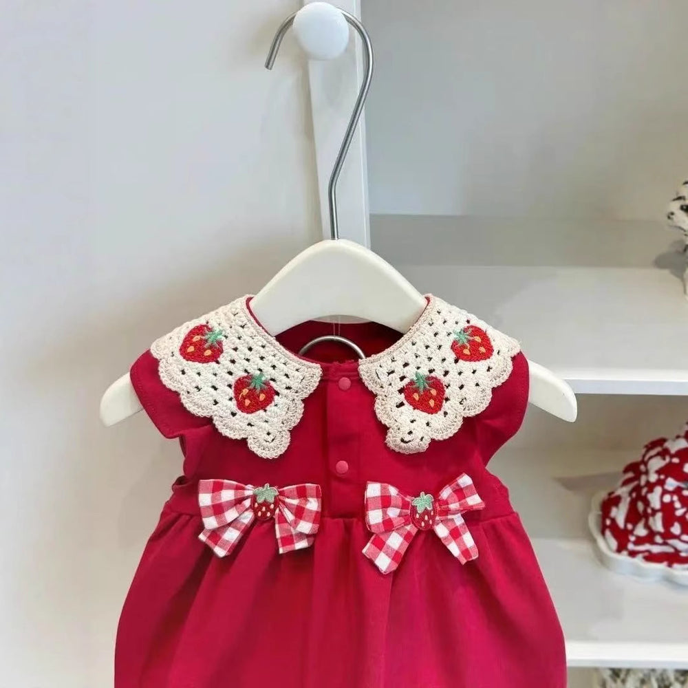 Baby girl summer romper dress with bow, hip-hugging pants, sweet & cute red strawberry design, adorable vest style