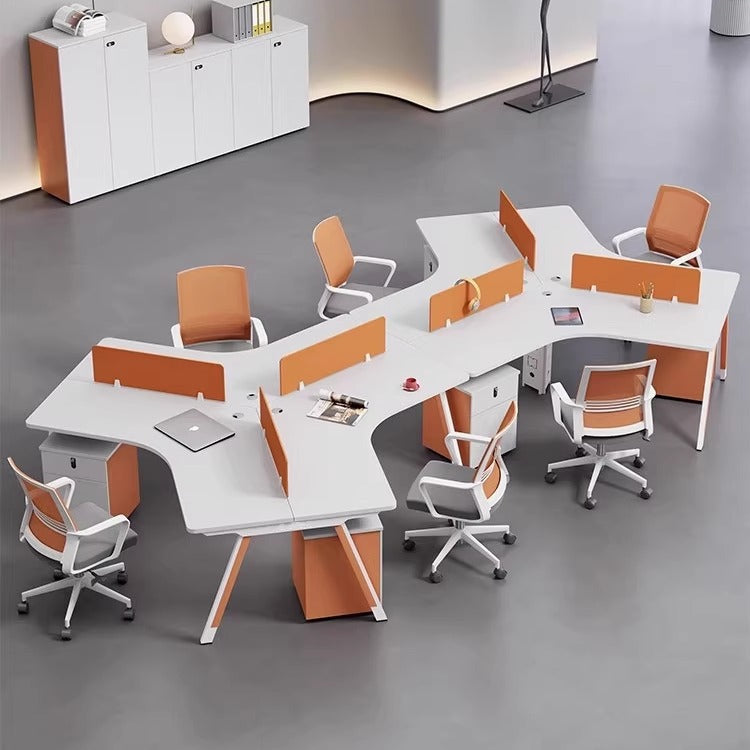 Steel frame asymmetrical creative three-person office desk and chair set, 6-seat employee workstation, minimalist modern computer desk