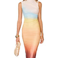 european goods summer urban chic gradient ruched crew neck midi sleeveless dress for women