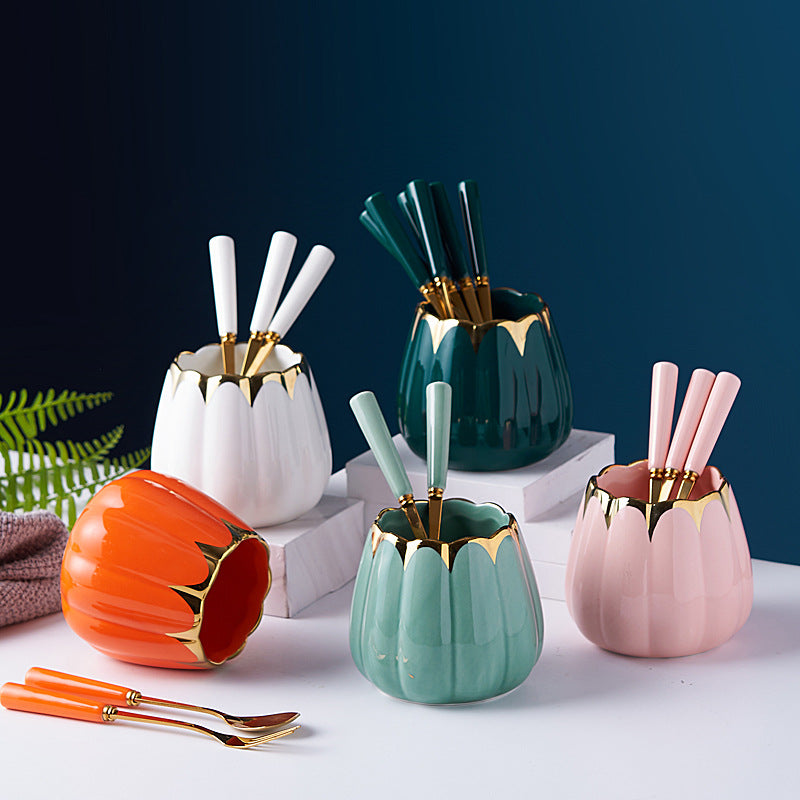 Nordic fruit fork spoon mooncake knife and fork creative new year stainless steel fruit pick coffee spoon ceramic storage jar suit