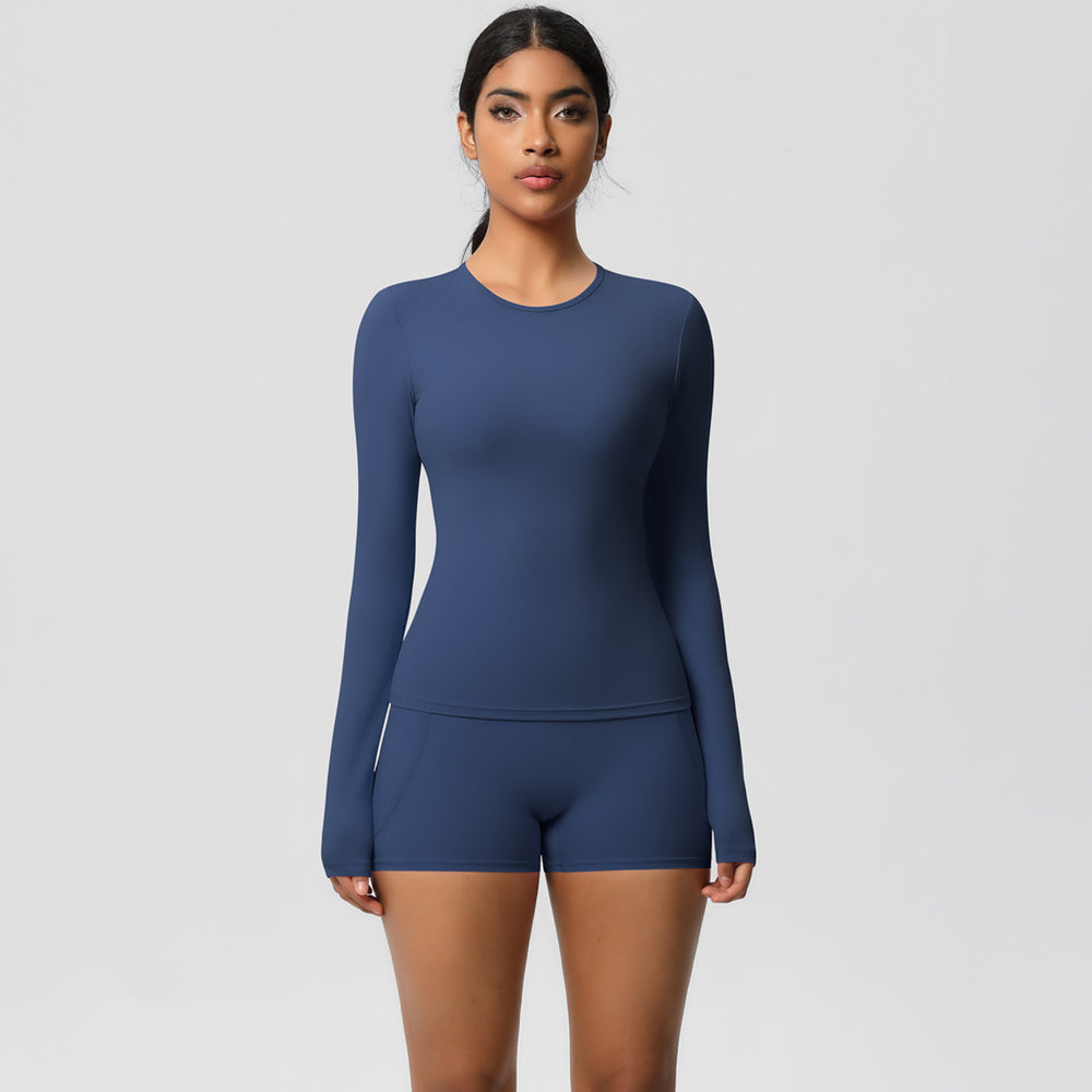 European and american solid color slim-fit long sleeve t-shirt yoga outfit set - high-waisted, barely-there feel, quick-dry activewear two-piece set for running and fitness