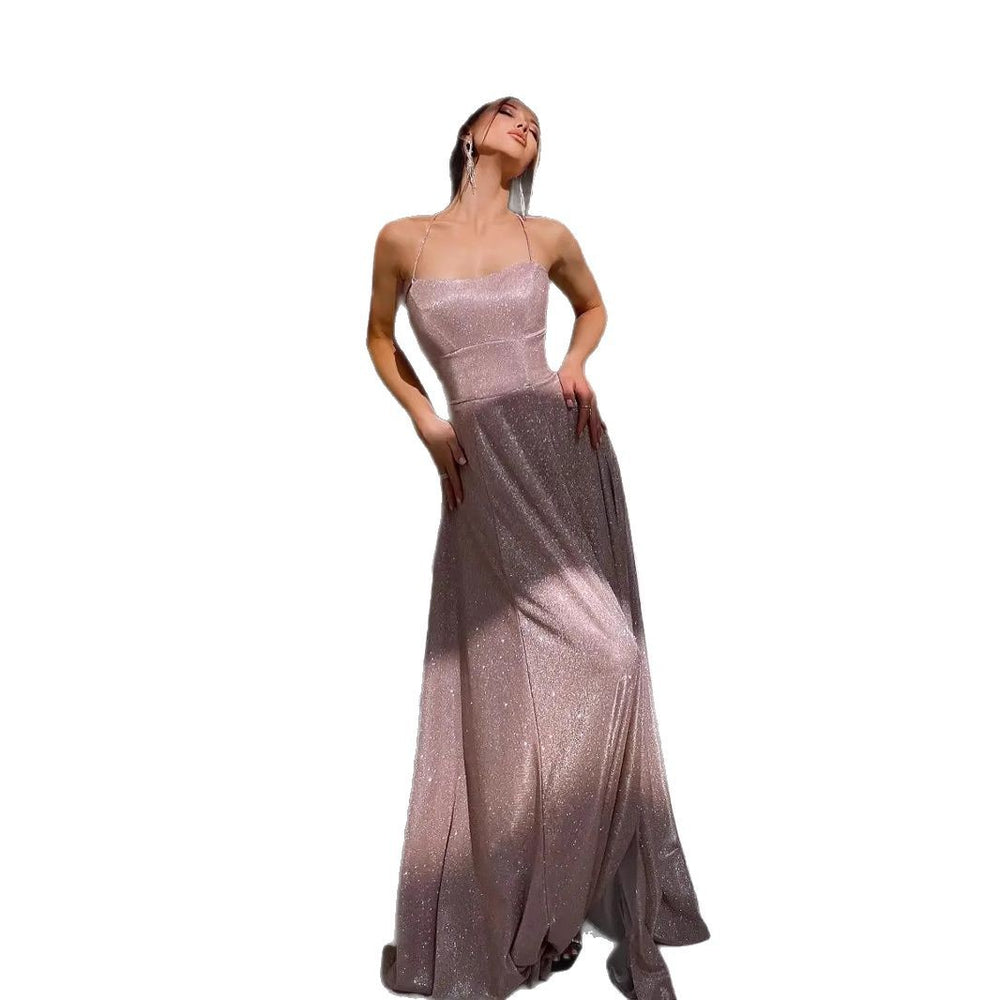 2025 european and american new women's spaghetti strap backless sexy slit glitter evening party banquet gown dress