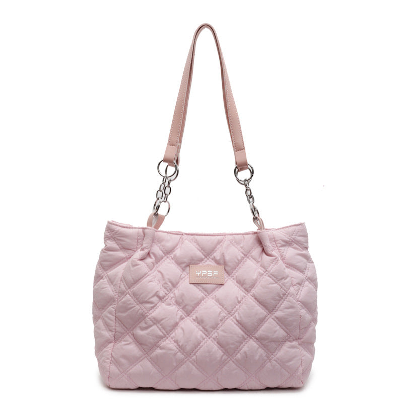 Simple casual tote bag women's spring and summer new large-capacity rhombus embroidered thread cotton bag class commuting versatile shoulder bag