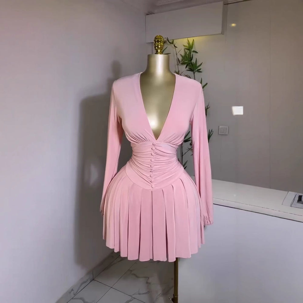 Export women's clothing pleated v necklong sleevesdressfrenchelegant silm waist slimming lookpleated short skirt