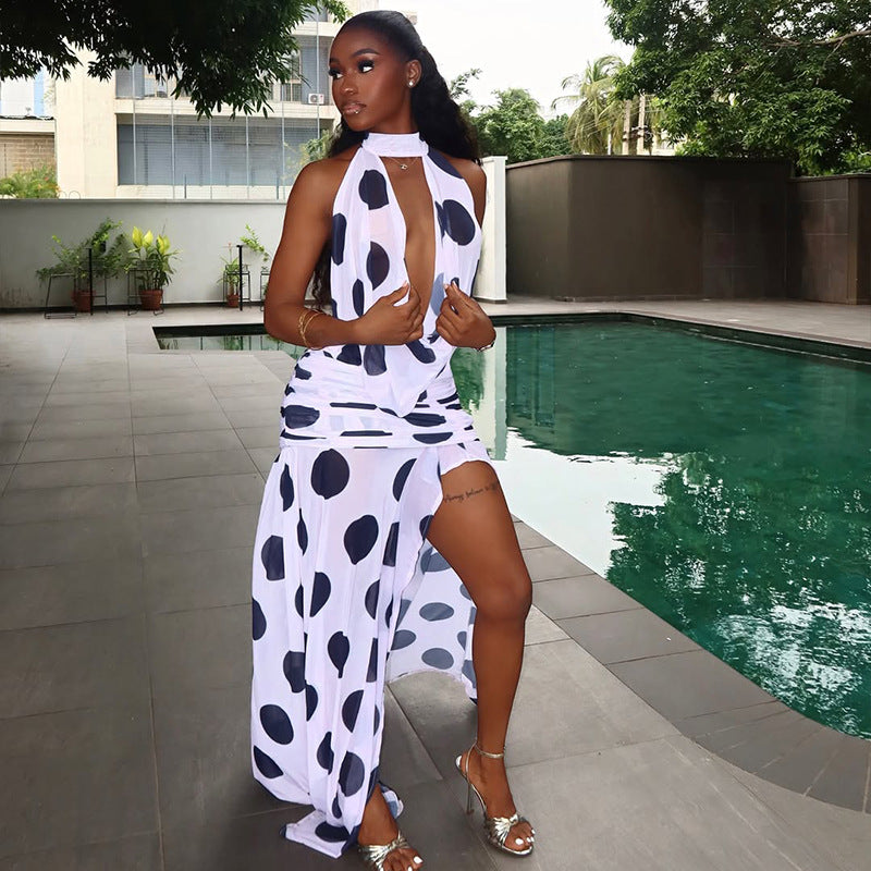 European and american style cross-border black and white polka dot women's slit print streetwear irregular high neck tie backless dress