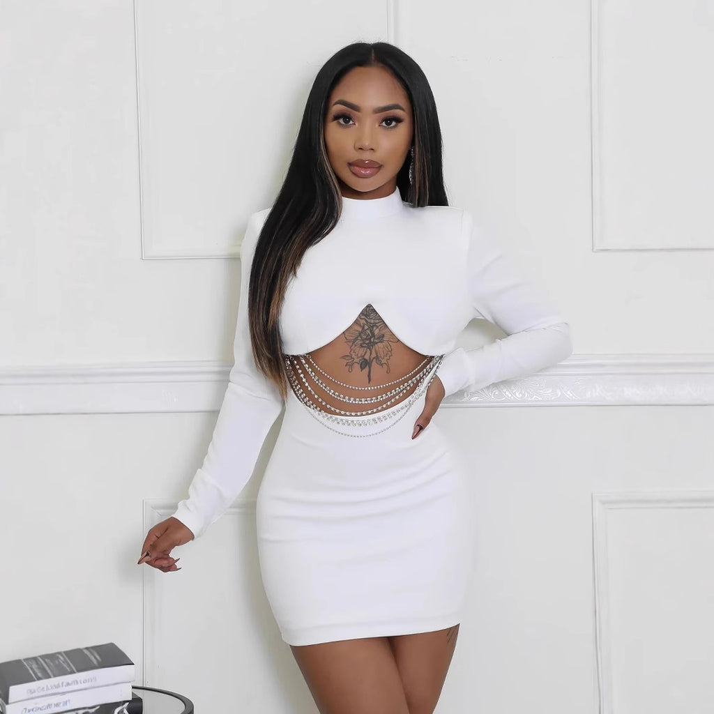 Spot 2024 Cross-border Europe, America,  Independent Station Unbreakable Diamond Chain Solid Color Long Sleeve Slim Hip Wrap Dress