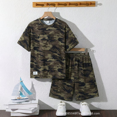 Kids' camo short sleeve & shorts set - summer crew neck loose fit casual sportswear two-piece outfit for boys & girls