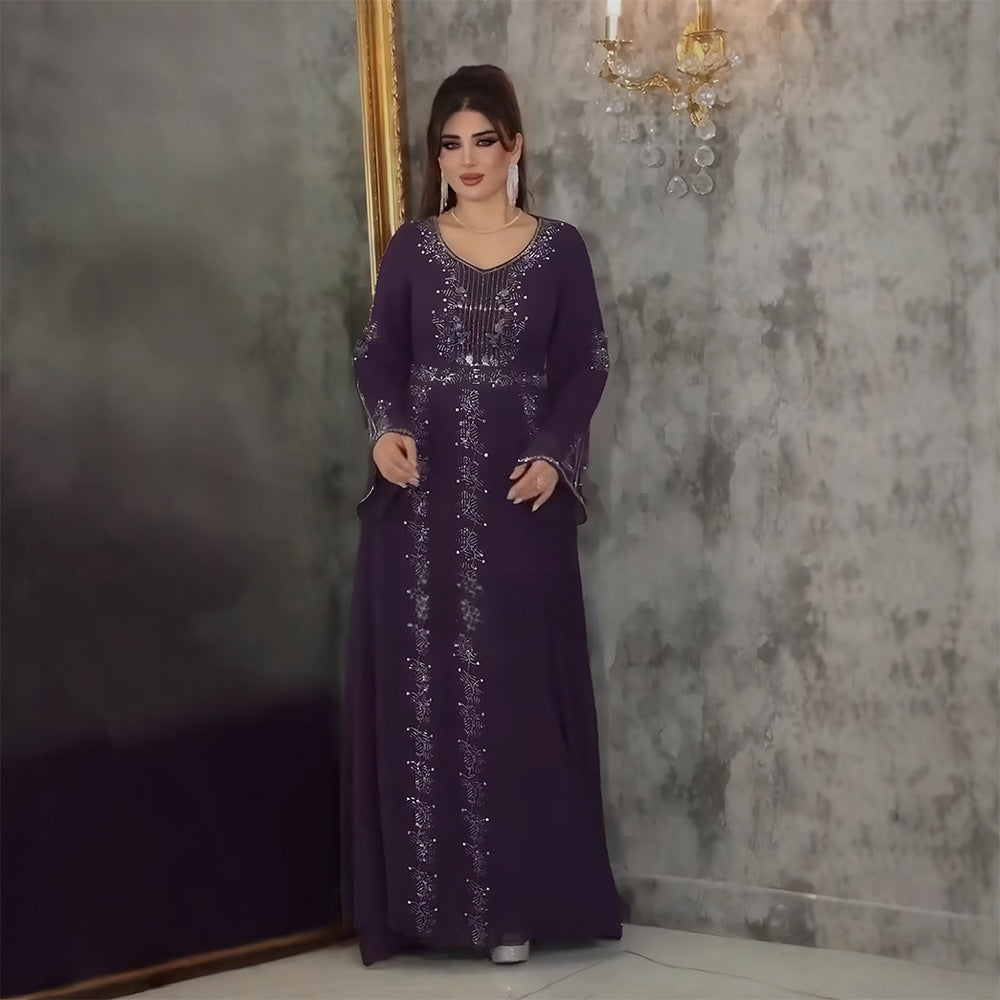 European and american  elegance long dress evening dress heavy industry hot diamond cross-border clothing women's large size dress